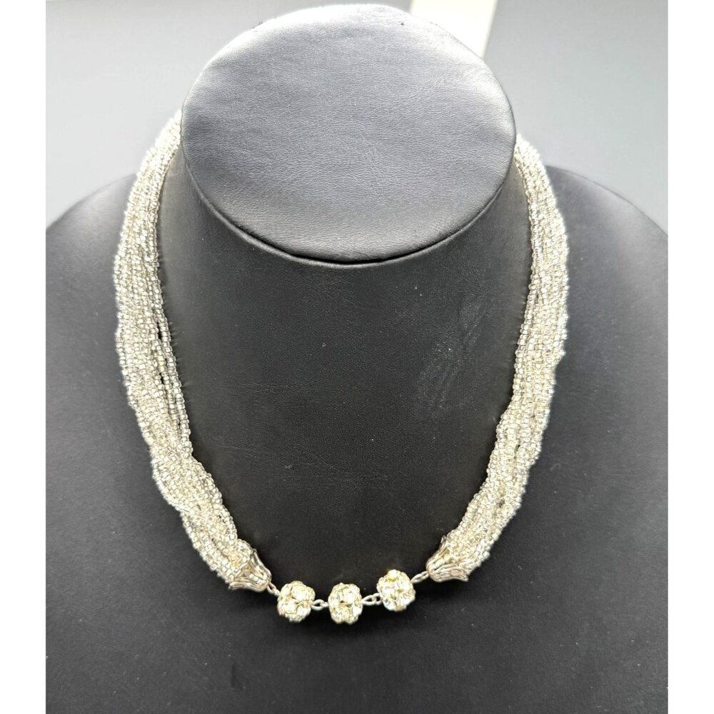 Pave Rhinestone Seed Beaded Multi-Strand Statement Necklace Elegant Evening